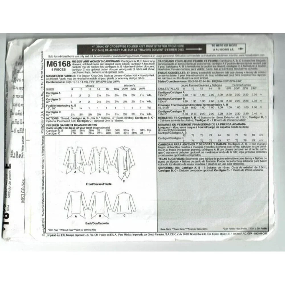 Sewing Pattern McCalls M6168 Misses‎ Sizes 8-16 Cardigan Draped & Belted BOHO